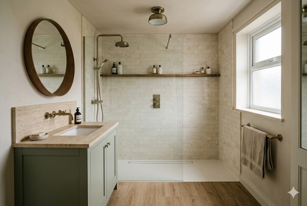 After — a modern cream bathroom with marble tiles, sage vanity and brass fixtures