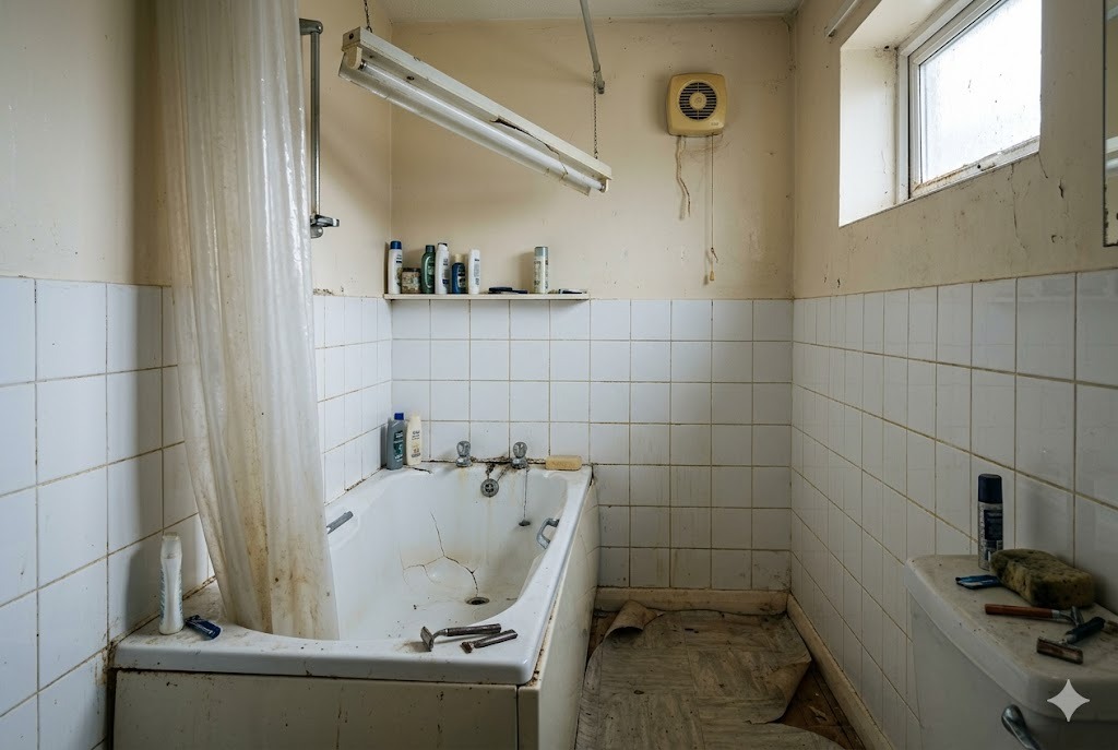 After — a transformed bathroom with terracotta zellige, stone bathtub and oak vanity