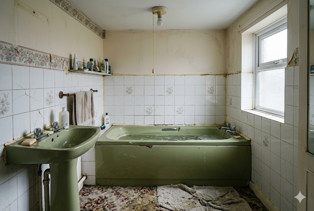 Before — an outdated 1980s bathroom with avocado suite and tired wallpaper