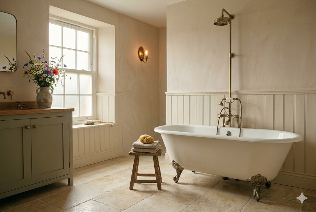 Traditional fitted bathroom with panelling and clawfoot bath