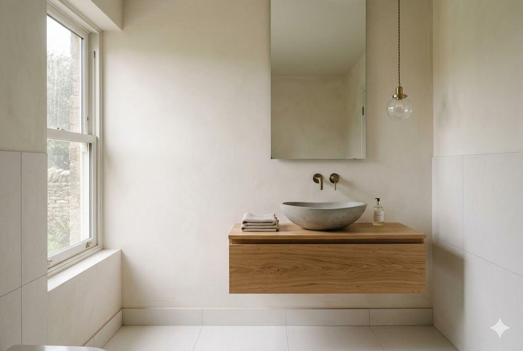 Minimalist modern bathroom with concrete basin and brass taps