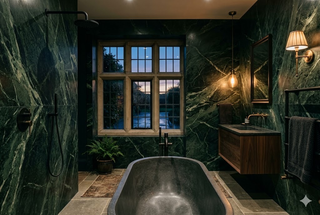 Dark luxury bathroom with verde marble and walnut vanity