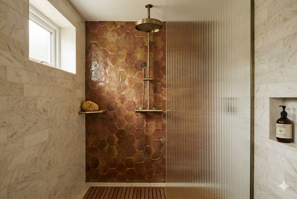 Walk-in shower with terracotta zellige accent and marble subway tiles