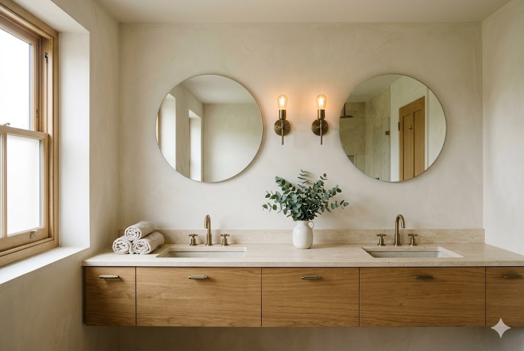 Master bathroom with twin oak vanities and round mirrors