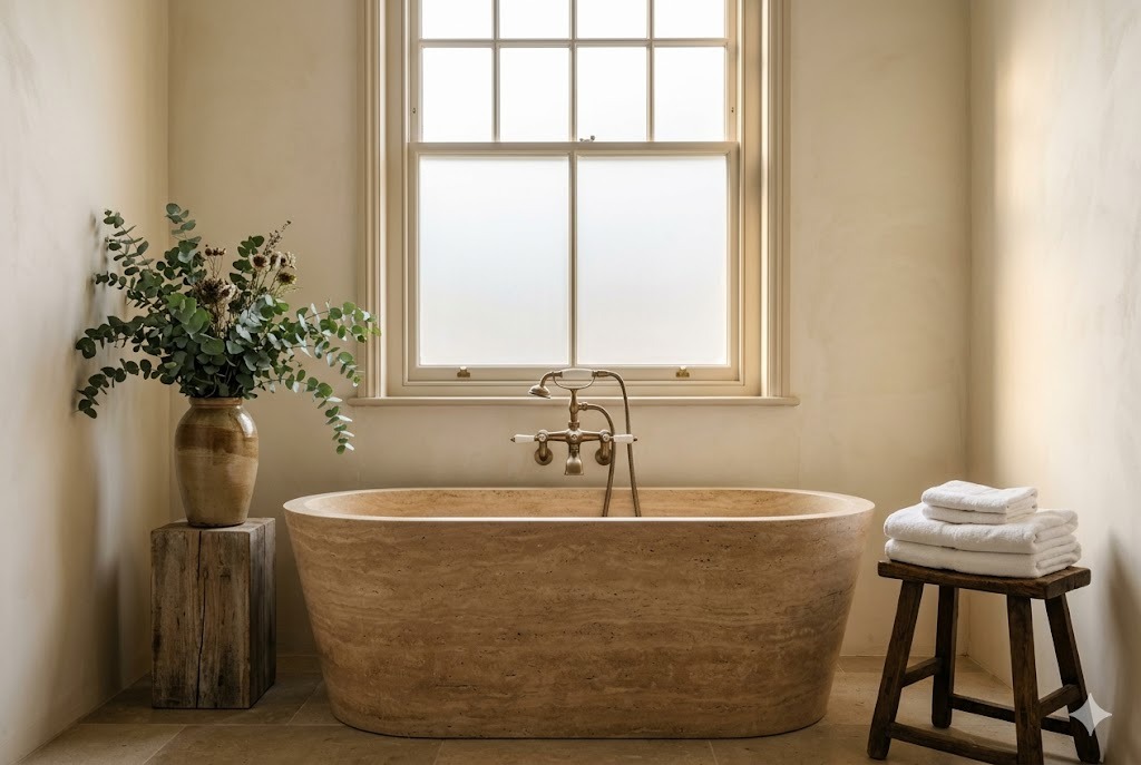 Spa-like bathroom with freestanding stone bath by a sash window