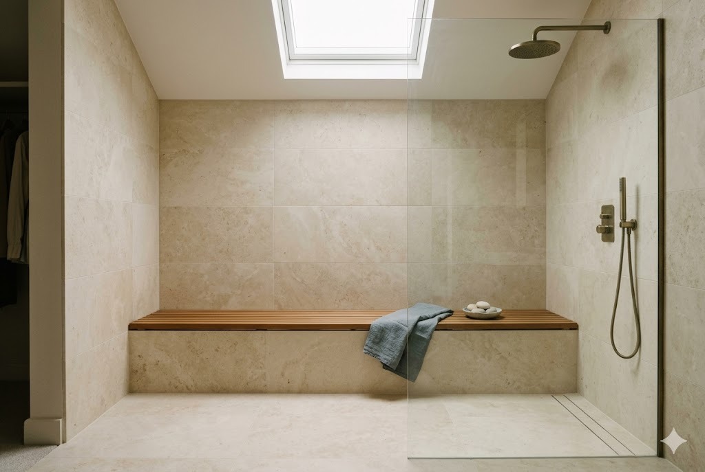 Spacious wet room with teak bench and rainfall shower