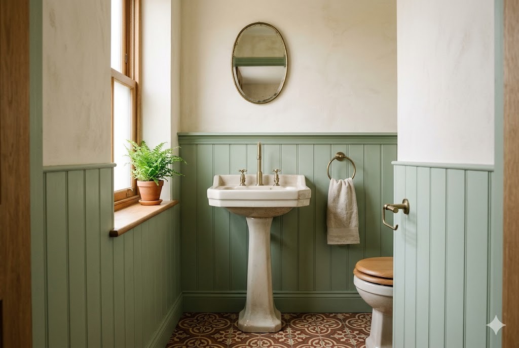 Small cloakroom WC with sage panelling and encaustic tiles