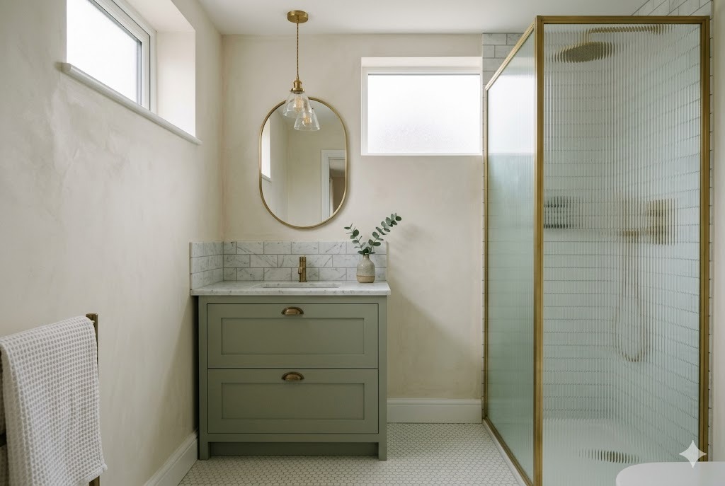 A compact en-suite with sage green vanity and reeded glass shower