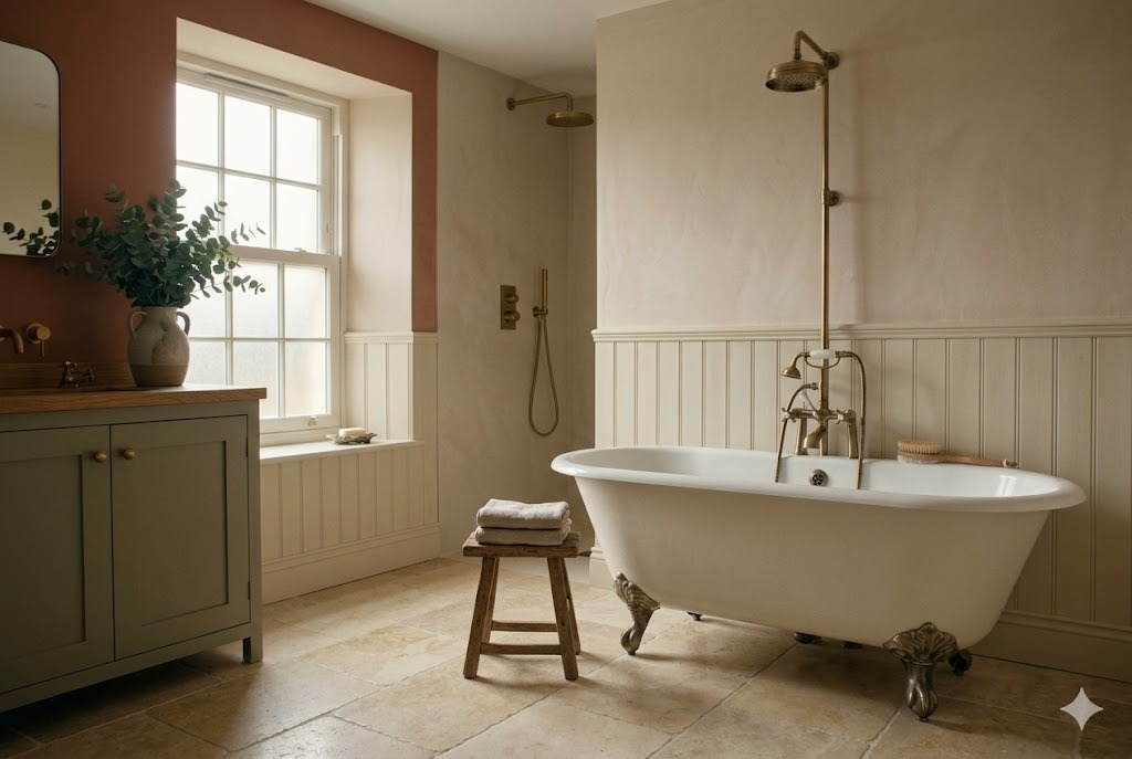 A traditional British family bathroom with panelling, clawfoot bath and brass taps