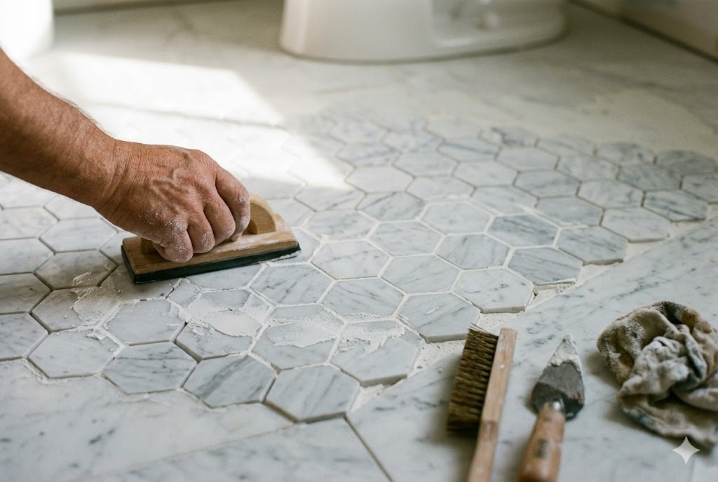 Close-up of expertly laid honed marble mosaic bathroom tiles