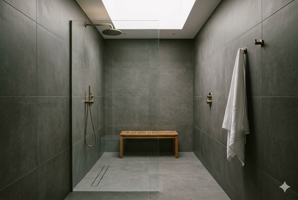 A modern wet room with charcoal tiles and brushed brass fixtures